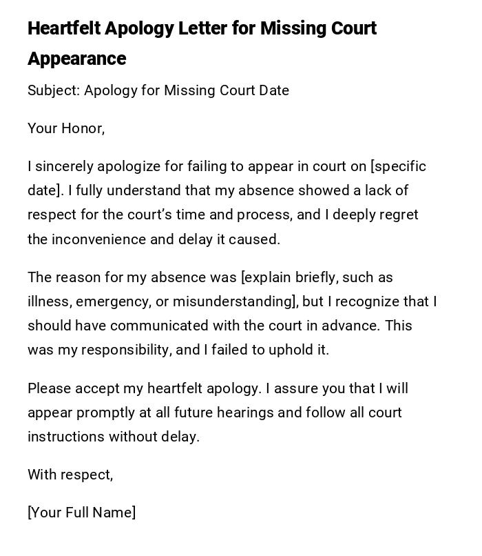 Heartfelt Apology Letter for Missing Court Appearance