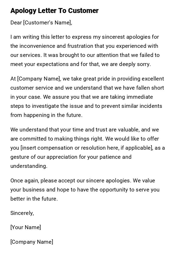 Apology Letter To Customer Apology Letter To Customer