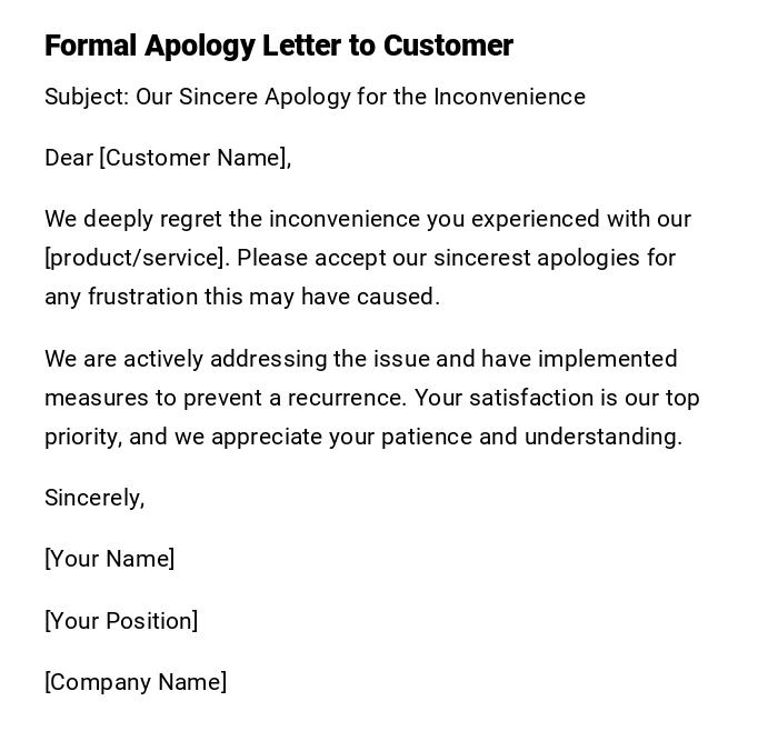 Formal Apology Letter to Customer Formal Apology Letter to Customer