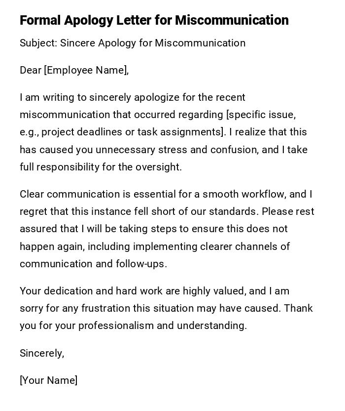 Formal Apology Letter for Miscommunication