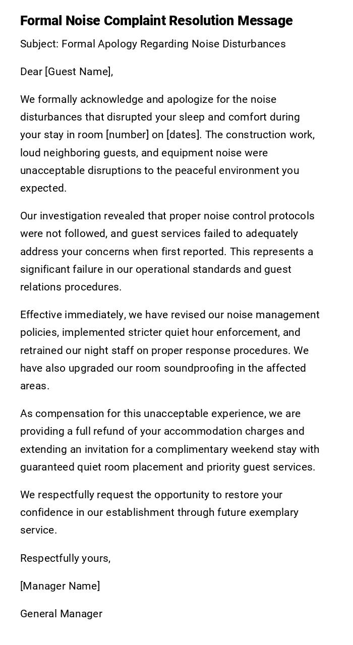 Formal Noise Complaint Resolution Message