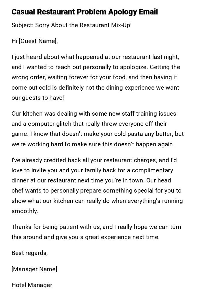 Casual Restaurant Problem Apology Email
