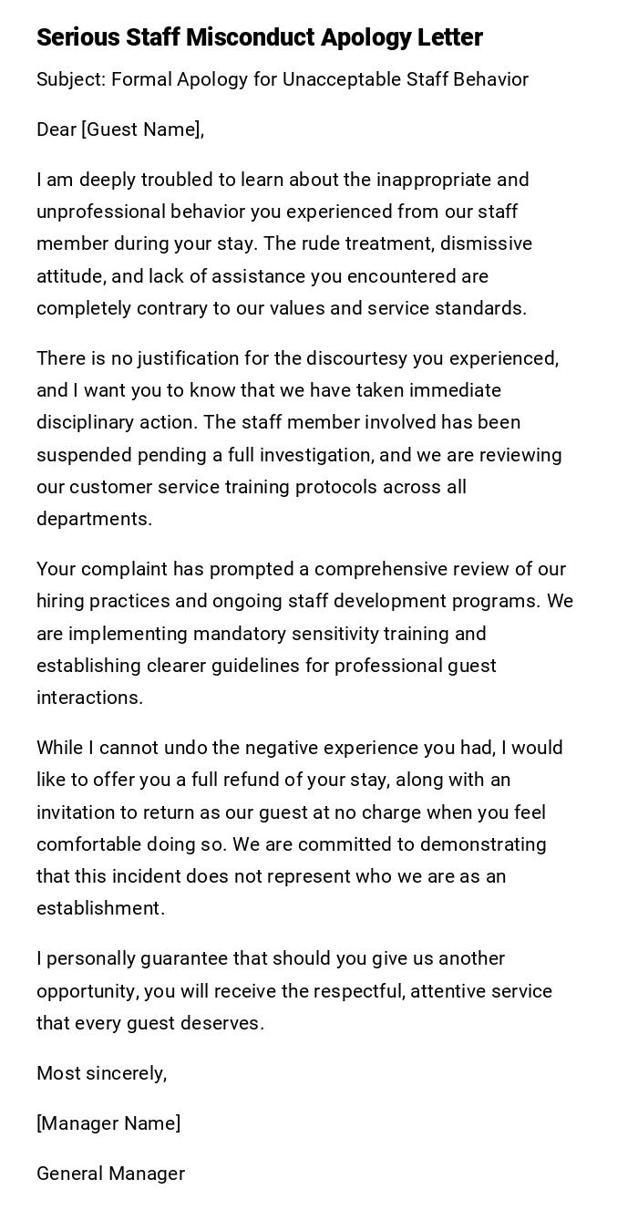 Serious Staff Misconduct Apology Letter