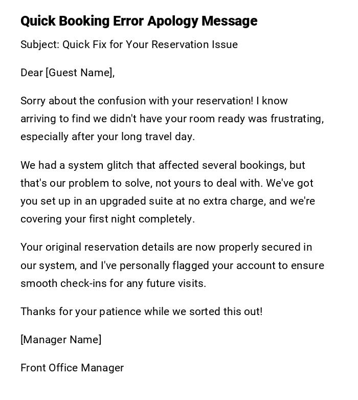 Quick Booking Error Apology Message