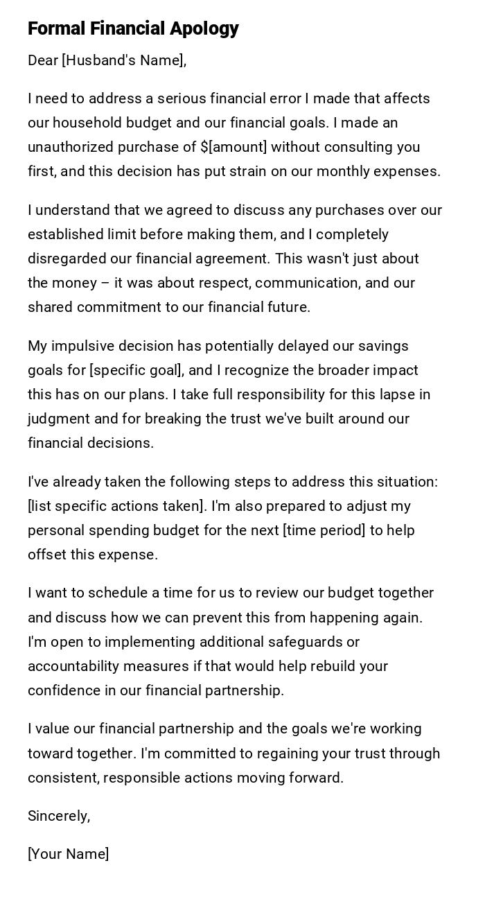 Formal Financial Apology Formal Financial Apology