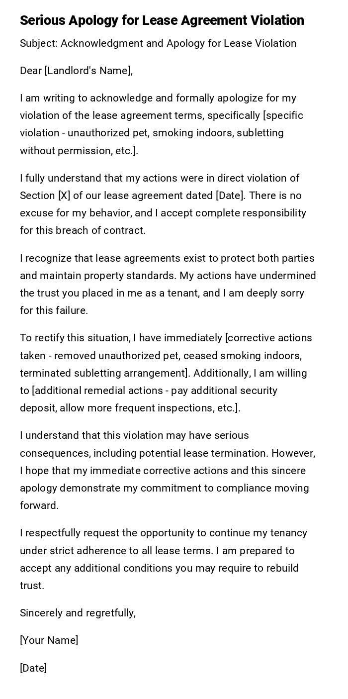 Serious Apology for Lease Agreement Violation