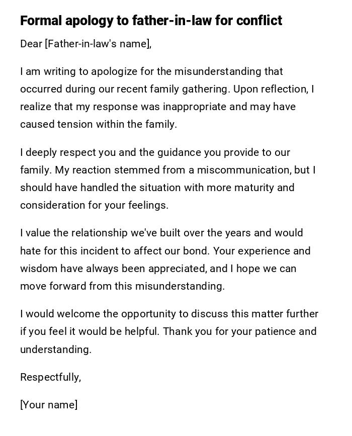Formal apology to father-in-law for conflict