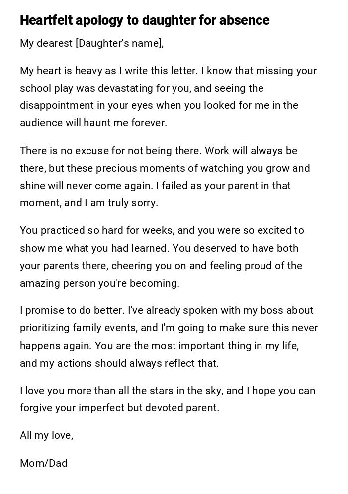 Heartfelt apology to daughter for absence
