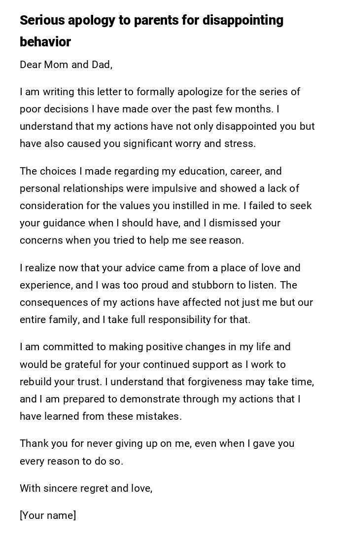 Serious apology to parents for disappointing behavior