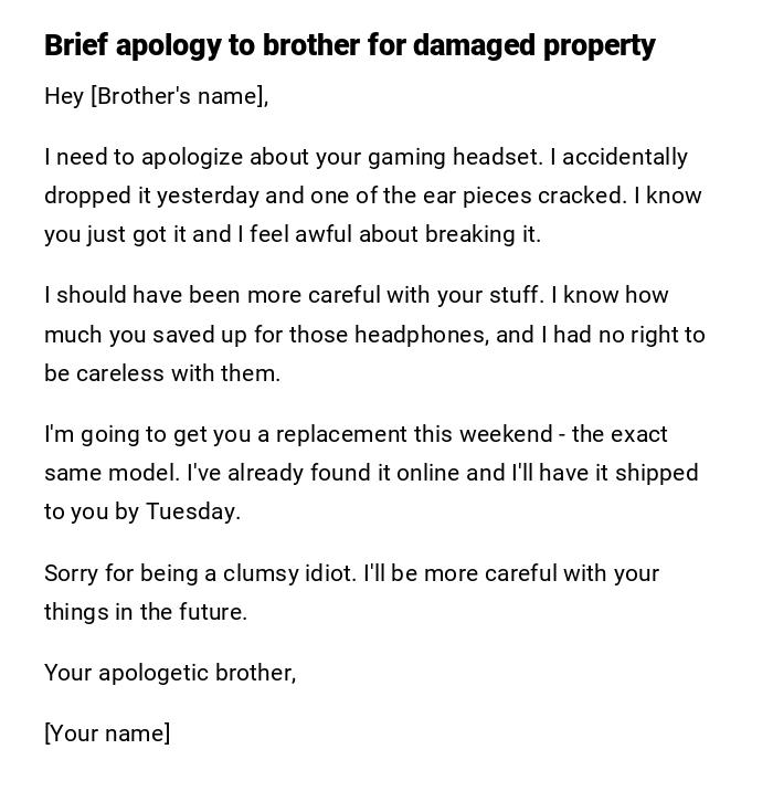 Brief apology to brother for damaged property