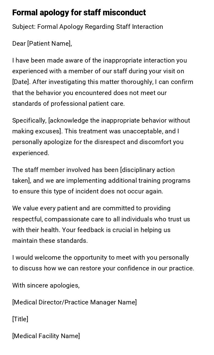 Formal apology for staff misconduct Formal apology for staff misconduct