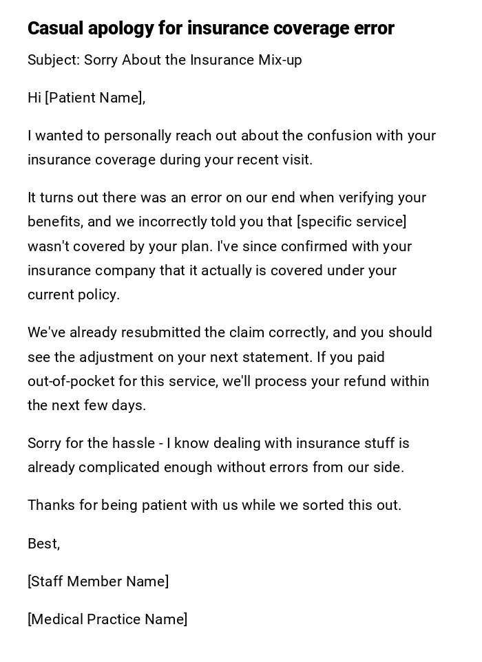 Casual apology for insurance coverage error Casual apology for insurance coverage error