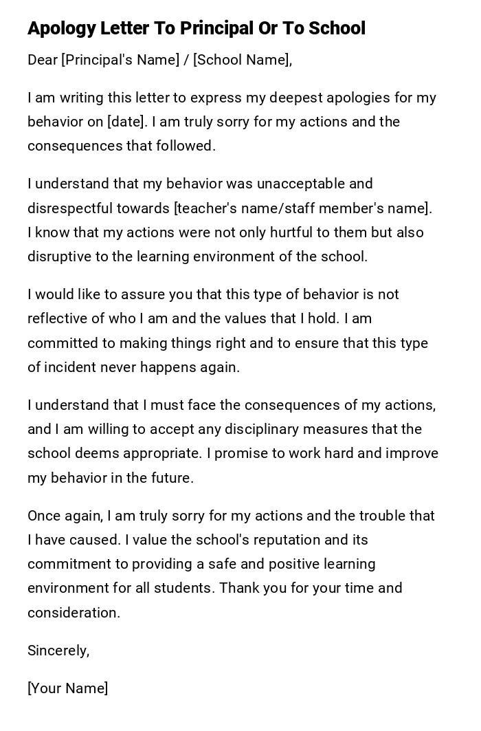 Apology Letter To Principal Or To School Apology Letter To Principal Or To School
