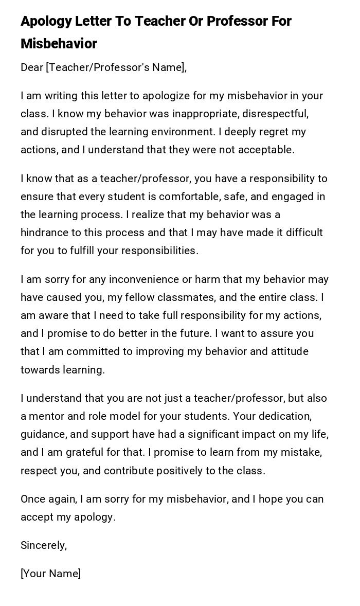 Apology Letter To Teacher Or Professor For Misbehavior Apology Letter To Teacher Or Professor For Misbehavior
