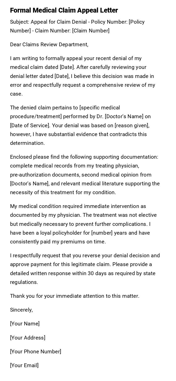 Formal Medical Claim Appeal Letter
