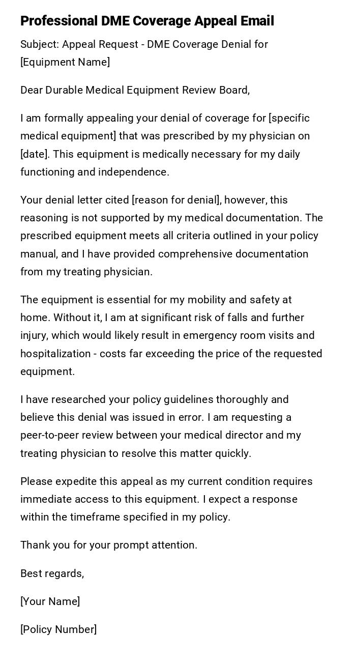 Professional DME Coverage Appeal Email