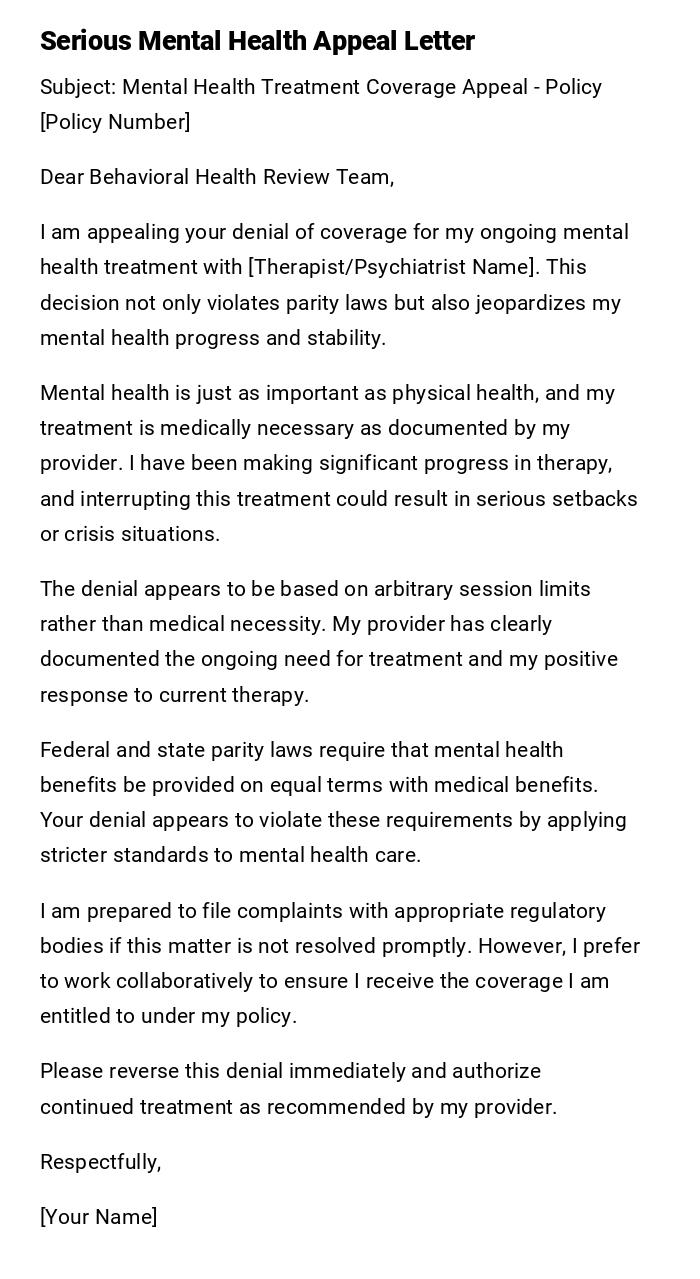 Serious Mental Health Appeal Letter