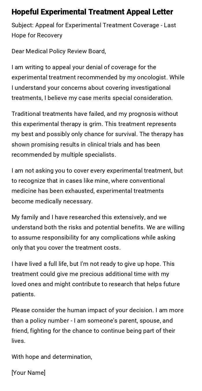 Hopeful Experimental Treatment Appeal Letter