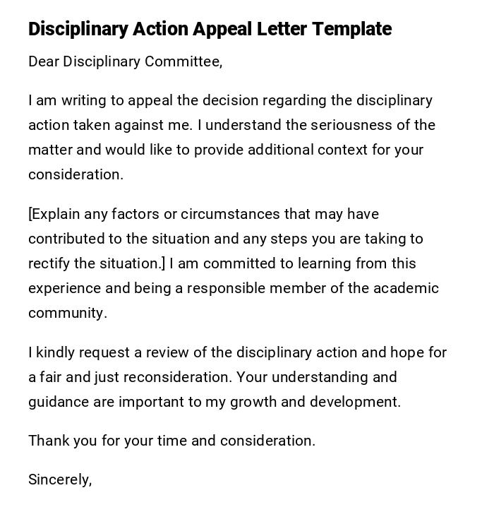 Disciplinary Action Appeal Letter Template