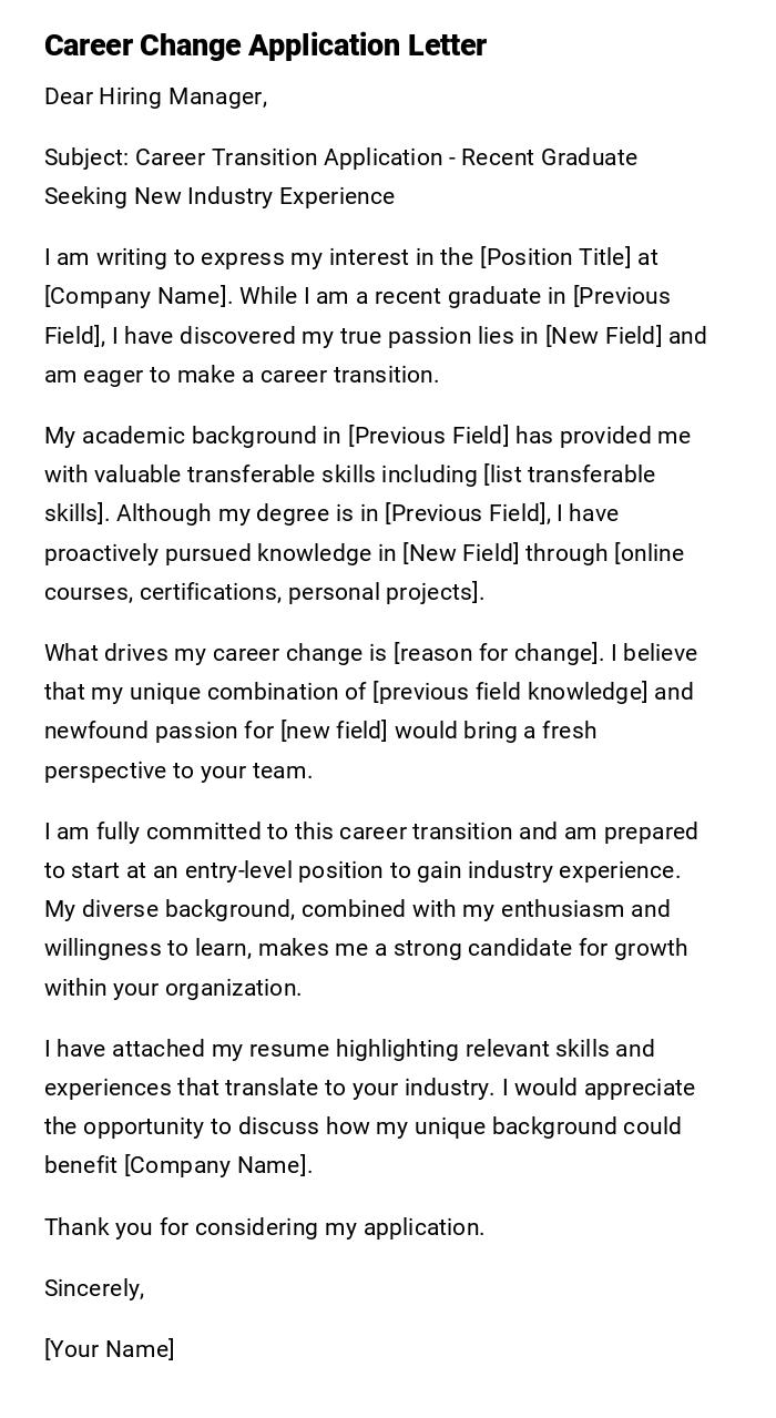Career Change Application Letter