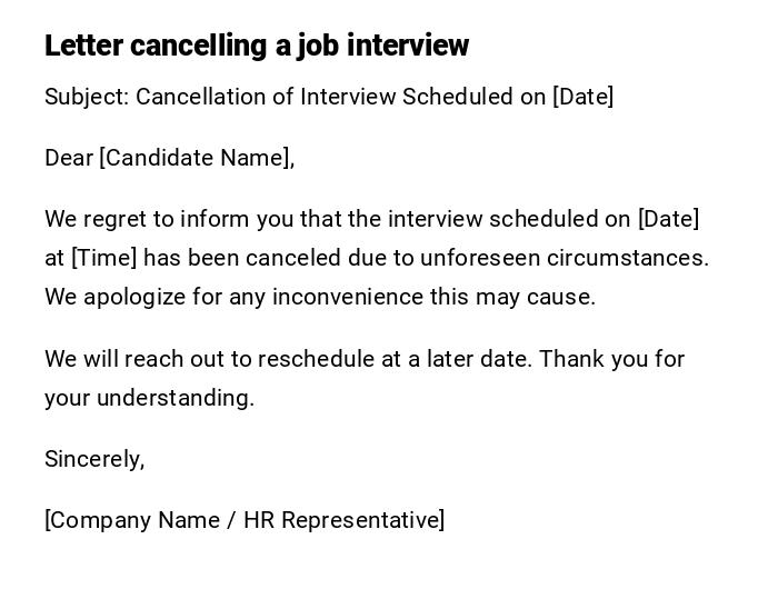 Letter cancelling a job interview