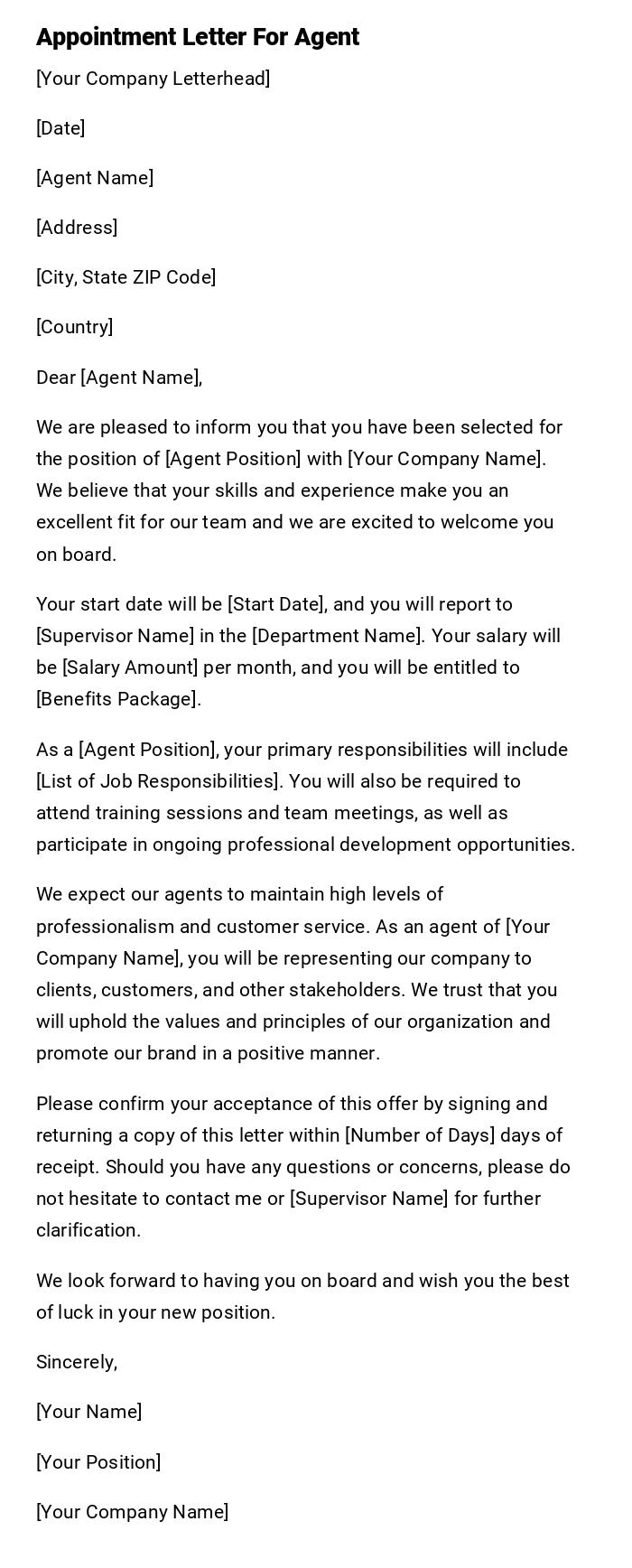 Appointment Letter For Agent