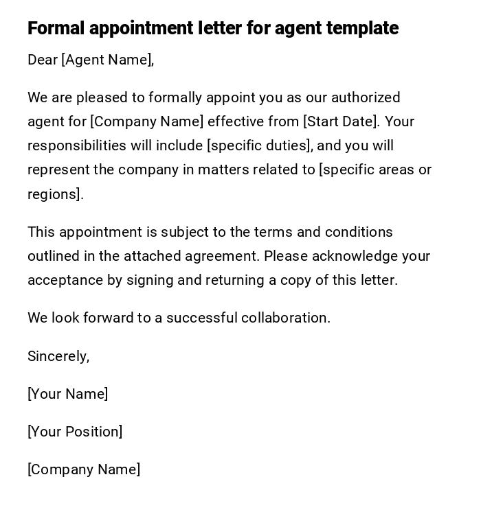 Formal appointment letter for agent template
