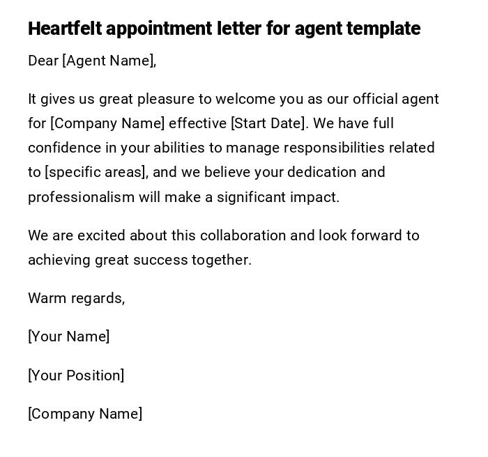 Heartfelt appointment letter for agent template