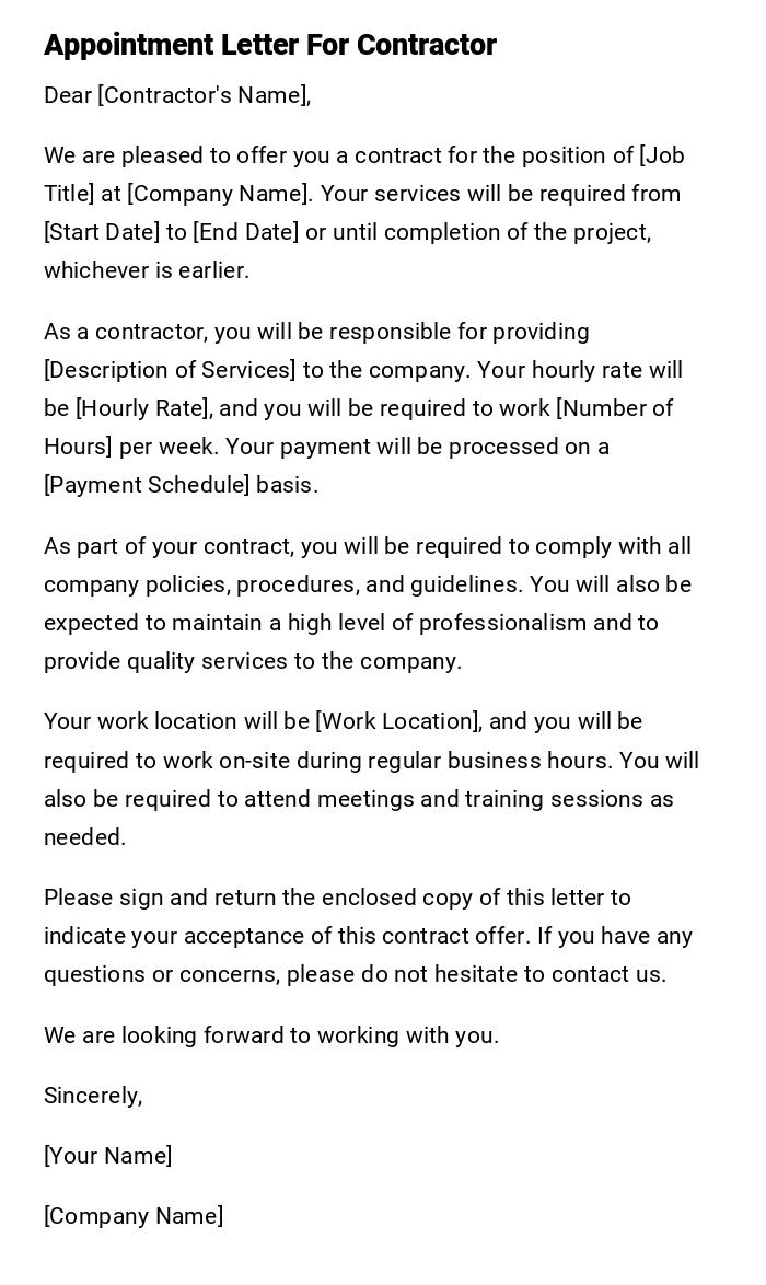 Appointment Letter For Contractor Appointment Letter For Contractor