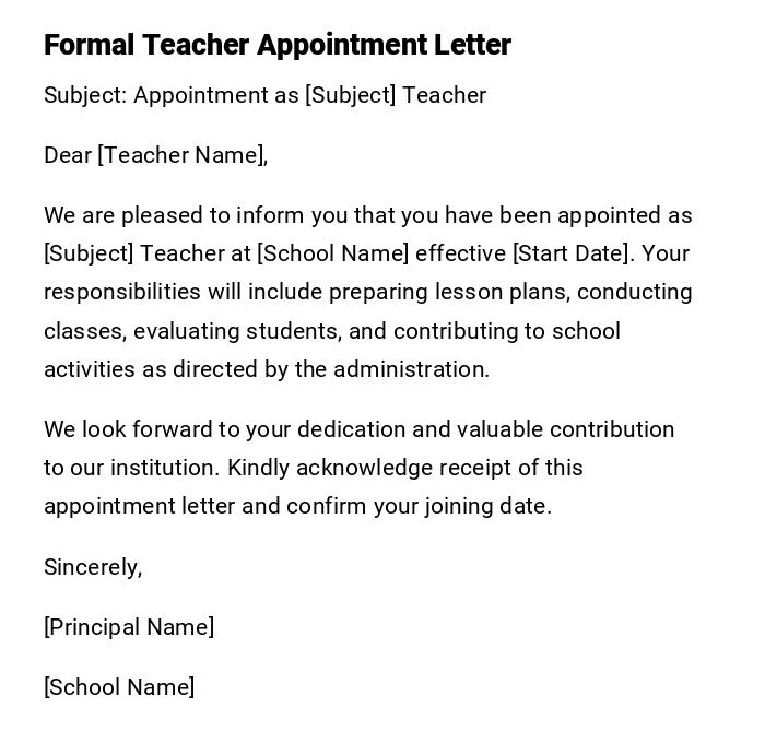 Formal Teacher Appointment Letter