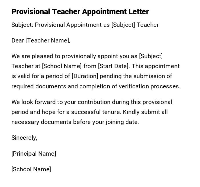Provisional Teacher Appointment Letter