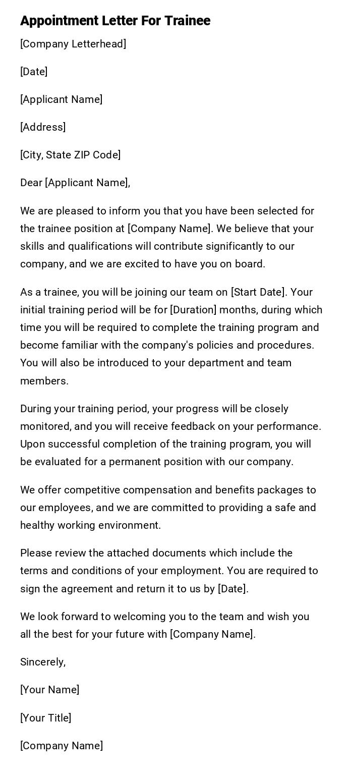 Appointment Letter For Trainee