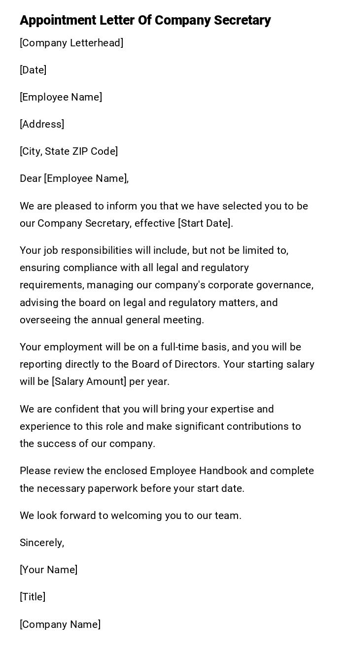 Appointment Letter Of Company Secretary Appointment Letter Of Company Secretary
