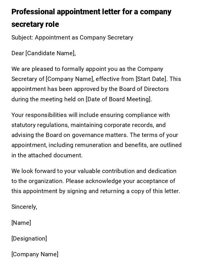 Professional appointment letter for a company secretary role Professional appointment letter for a company secretary role