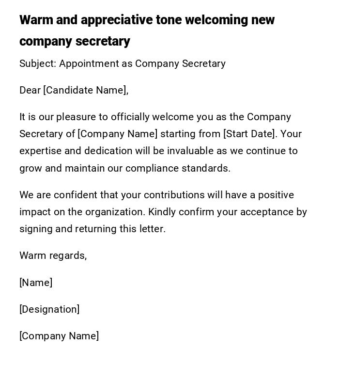 Warm and appreciative tone welcoming new company secretary Warm and appreciative tone welcoming new company secretary