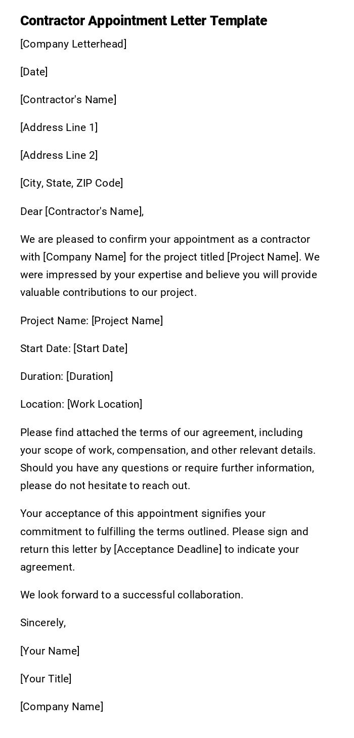 Contractor Appointment Letter Template Contractor Appointment Letter Template
