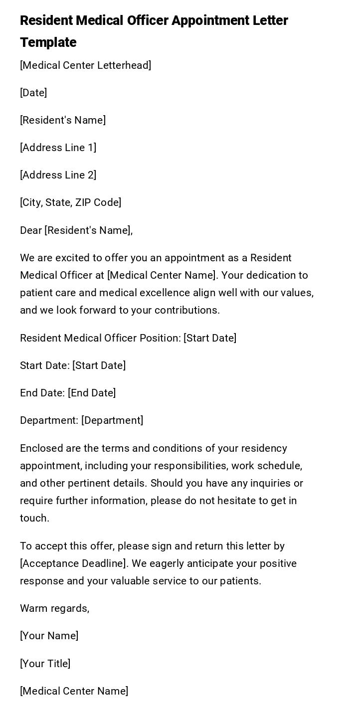 Resident Medical Officer Appointment Letter Template Resident Medical Officer Appointment Letter Template