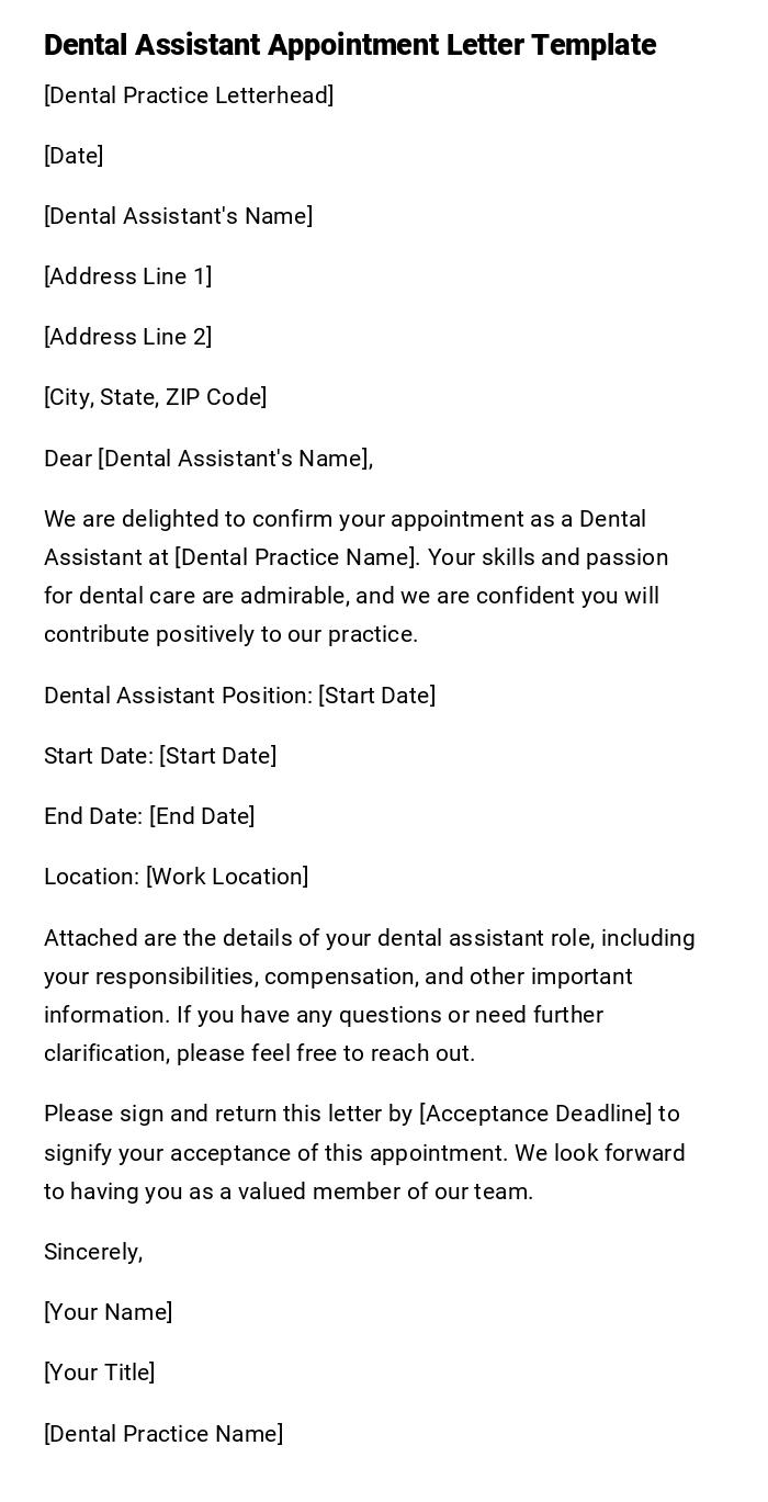 Dental Assistant Appointment Letter Template Dental Assistant Appointment Letter Template