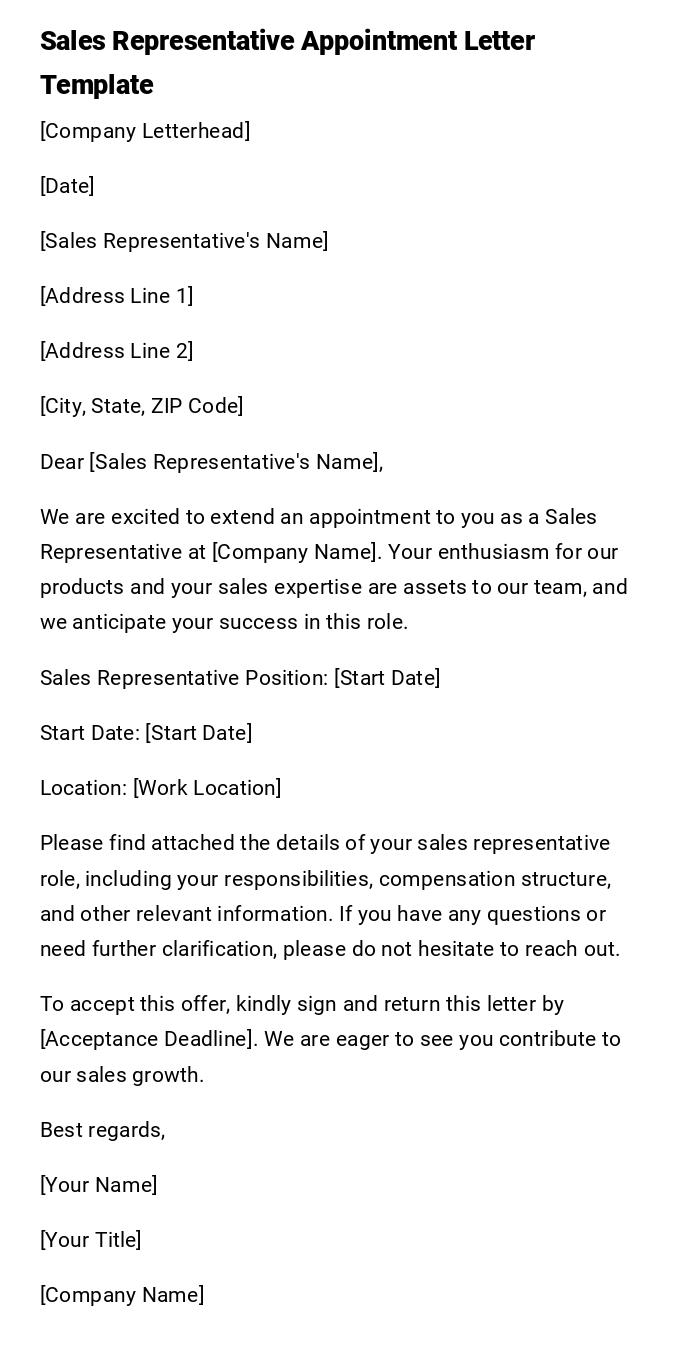 Sales Representative Appointment Letter Template Sales Representative Appointment Letter Template