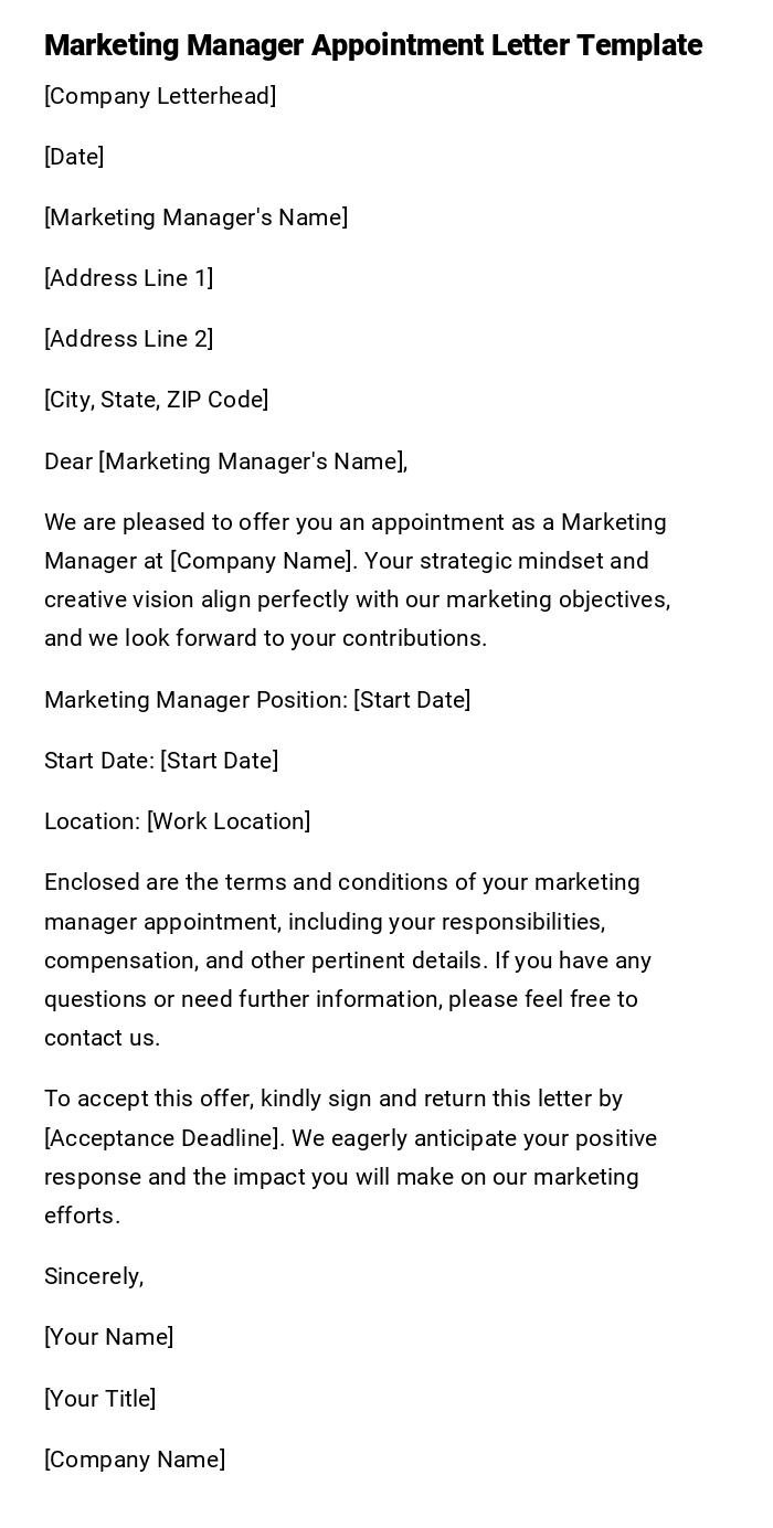 Marketing Manager Appointment Letter Template Marketing Manager Appointment Letter Template