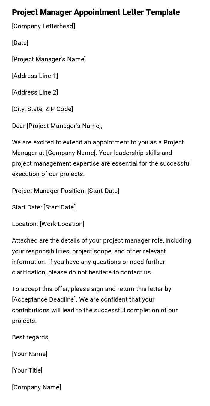 Project Manager Appointment Letter Template Project Manager Appointment Letter Template