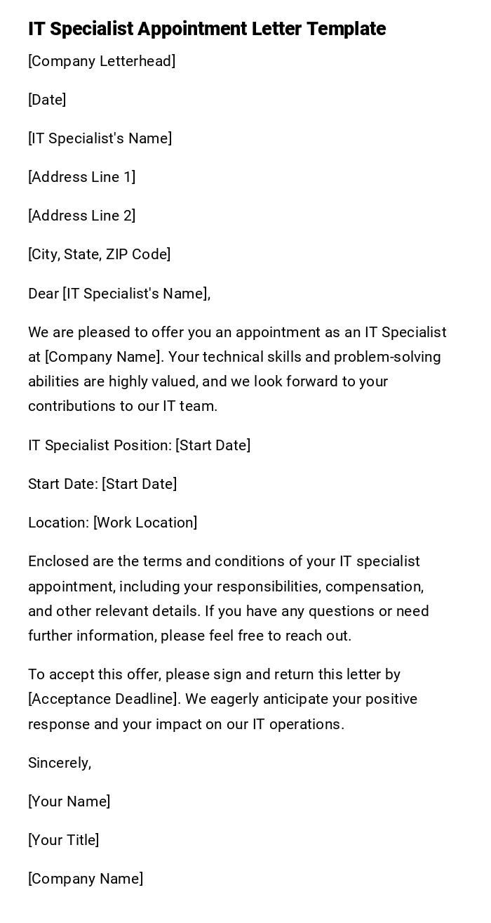 IT Specialist Appointment Letter Template IT Specialist Appointment Letter Template