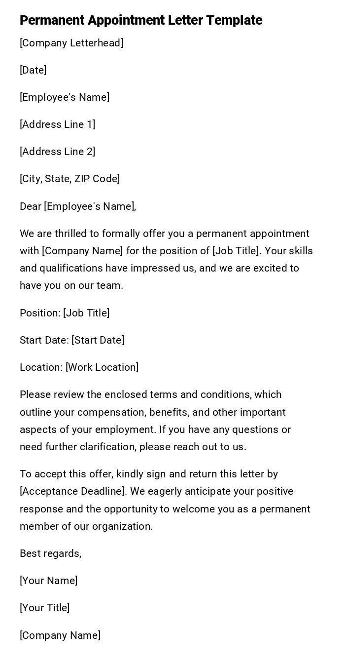 Permanent Appointment Letter Template Permanent Appointment Letter Template