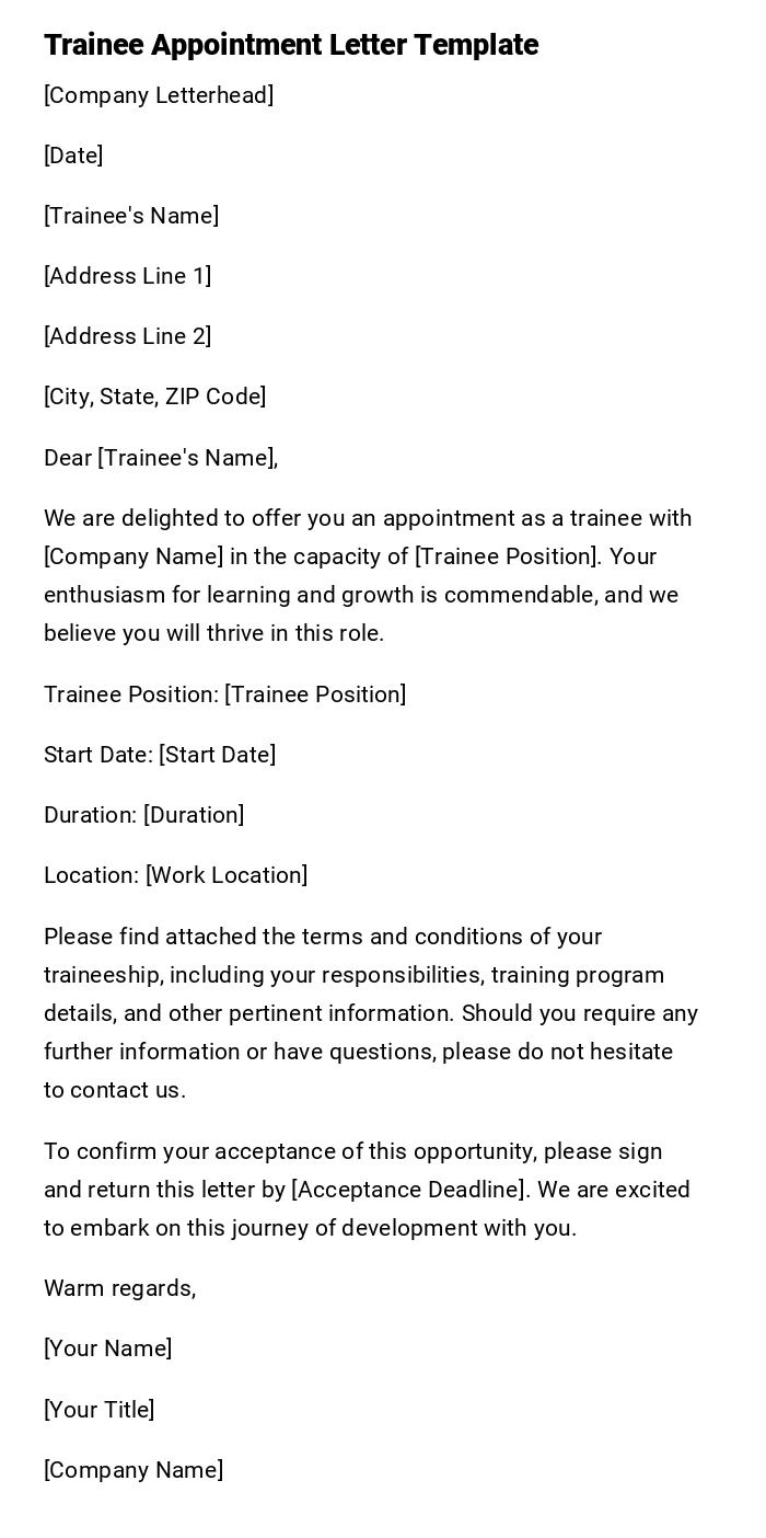 Trainee Appointment Letter Template Trainee Appointment Letter Template