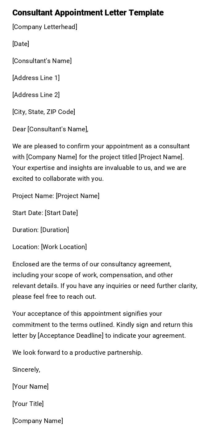 Consultant Appointment Letter Template Consultant Appointment Letter Template