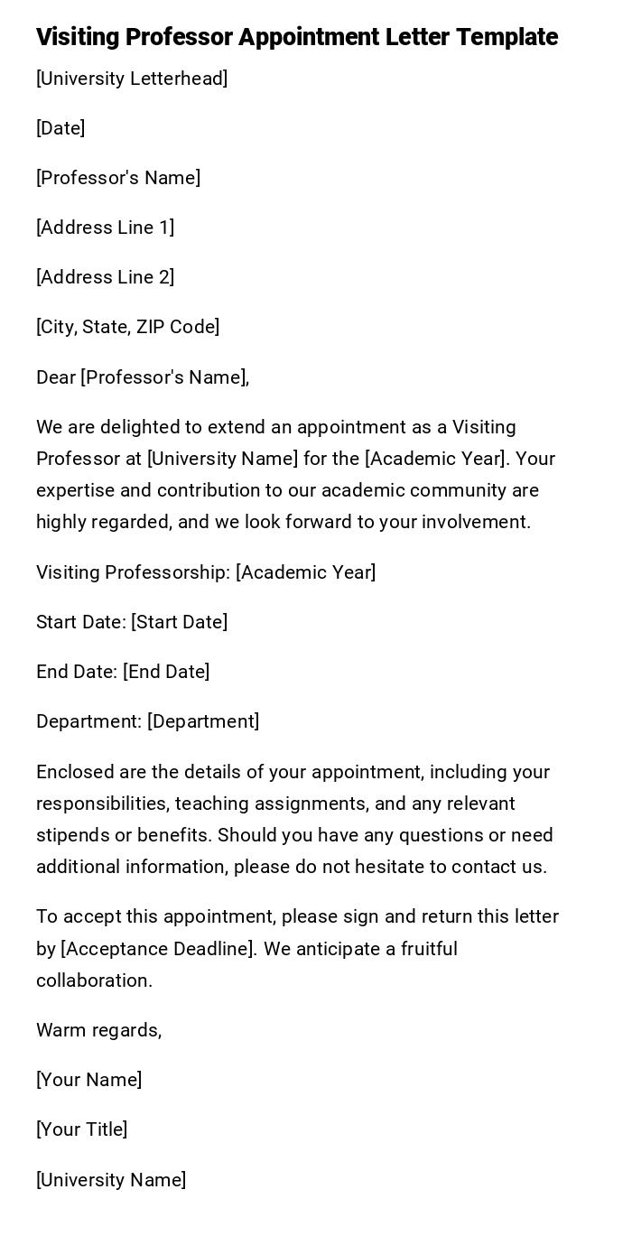 Visiting Professor Appointment Letter Template Visiting Professor Appointment Letter Template