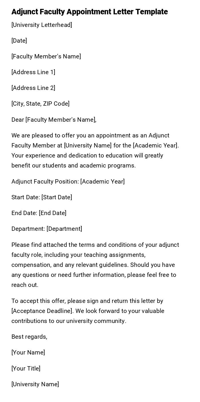 Adjunct Faculty Appointment Letter Template Adjunct Faculty Appointment Letter Template