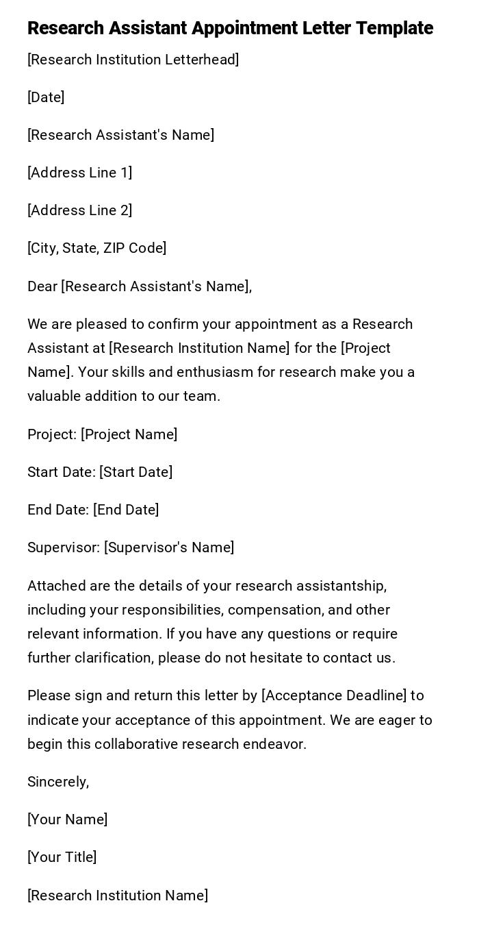 Research Assistant Appointment Letter Template Research Assistant Appointment Letter Template