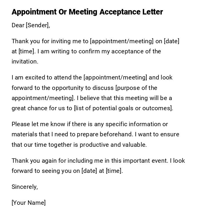 Appointment Or Meeting Acceptance Letter Appointment Or Meeting Acceptance Letter