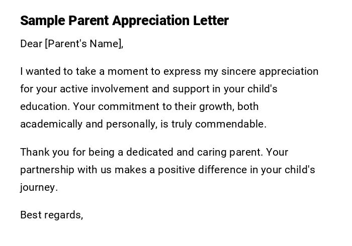 Sample Parent Appreciation Letter